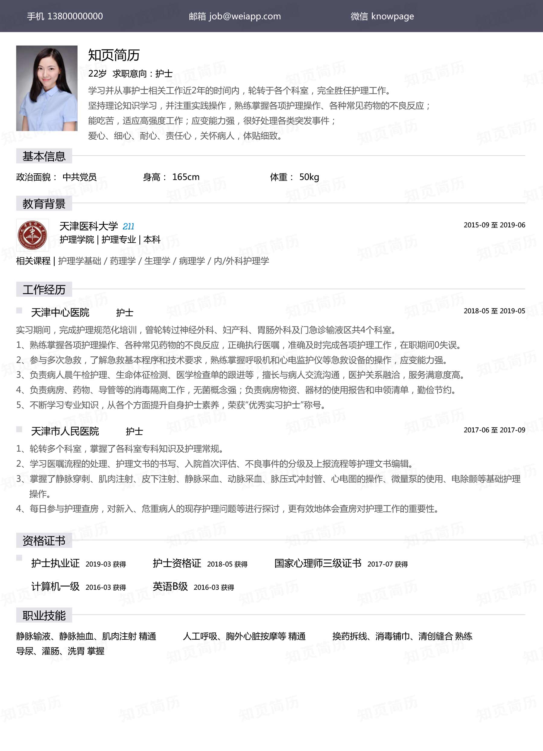 护理专业个人简历模板范文(护士)