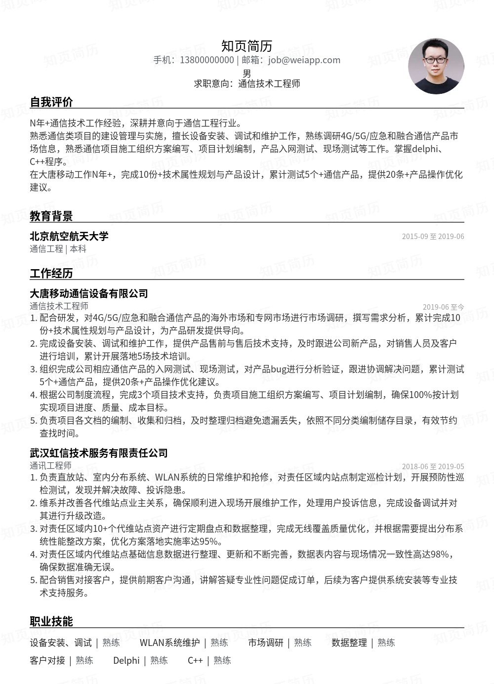 通信技术工程师个人简历模板范文 - 知页简历