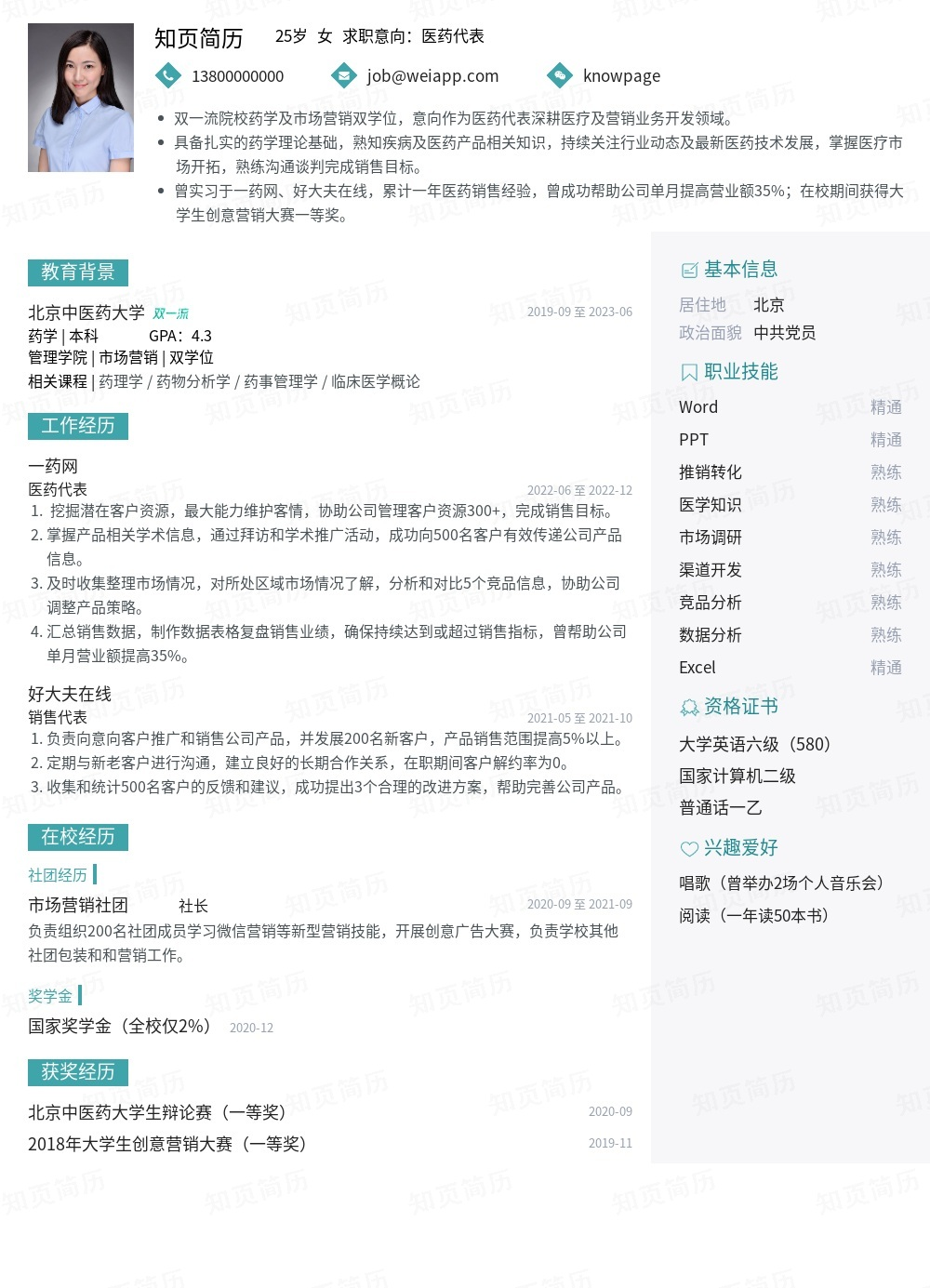 医药代表个人简历模板范文 - 知页简历